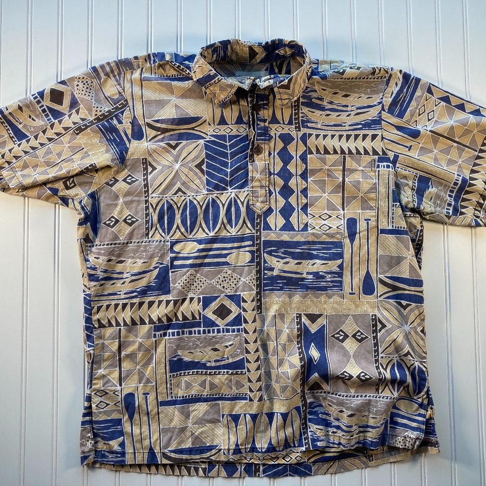 Bishop St Mens Large Aloha Hawaiian Shirt Blue Tatau 1/4 Button Pullover Coconut